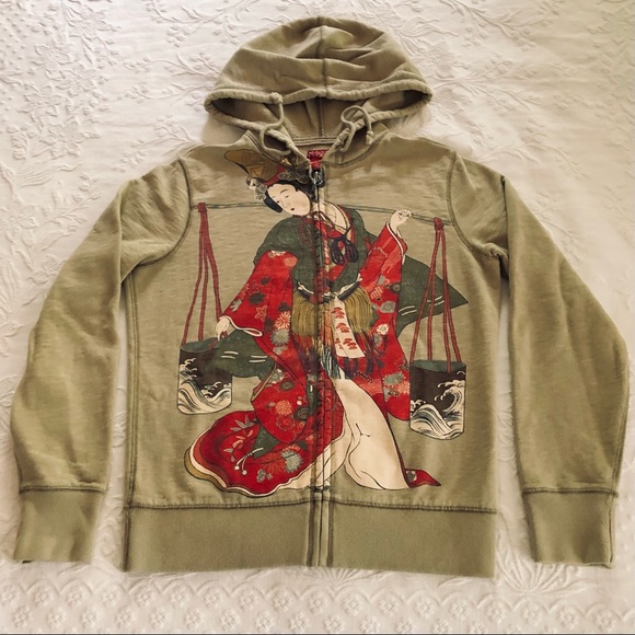 Lucky Brand Hoodie NWOT Geisha Vintage Zip Sweatshirt Asian Unique Artwear Med - Picture 9 of 9
